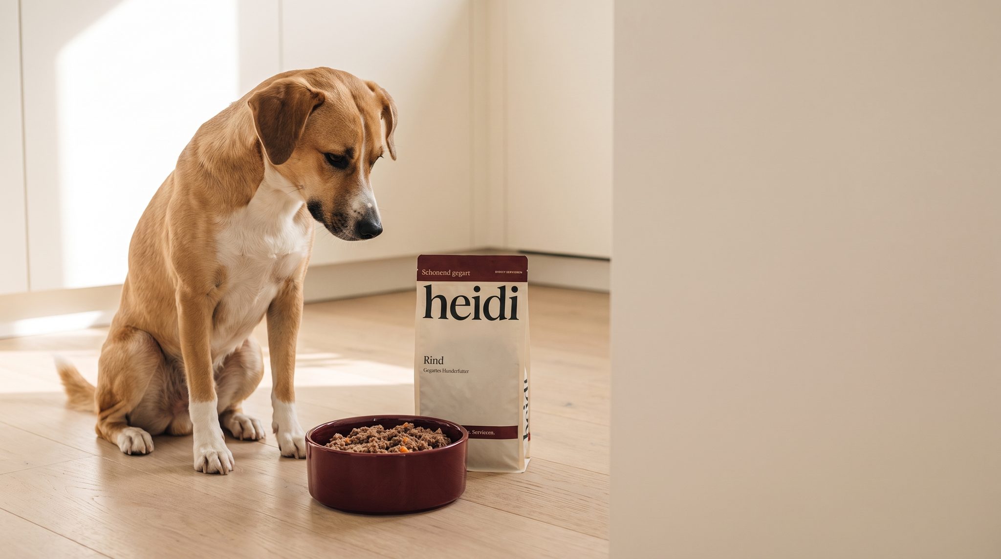 A dog sitting beside a bowl of Heidi food and a Heidi pouch in a kitchen
